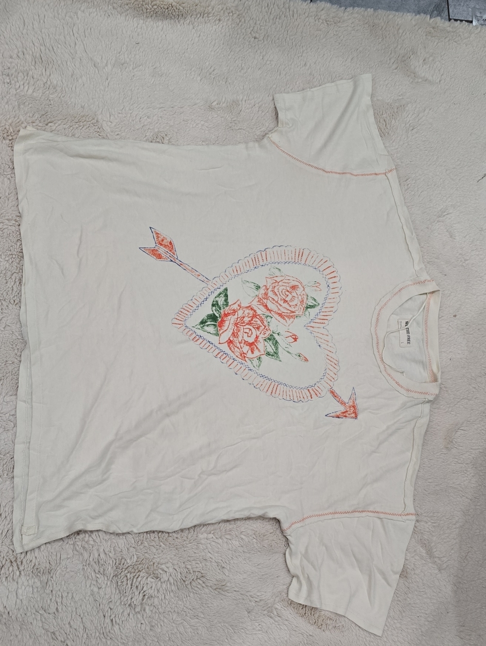 We The Free Cream Tee with Orange Floral Heart and Green Leaves